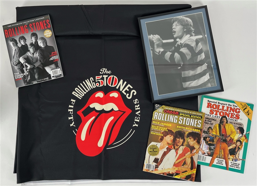 1980s-2000s Rolling Stones Memorabilia Collection - Lot of 5 w/ Banner, Framed Photo & Magazines