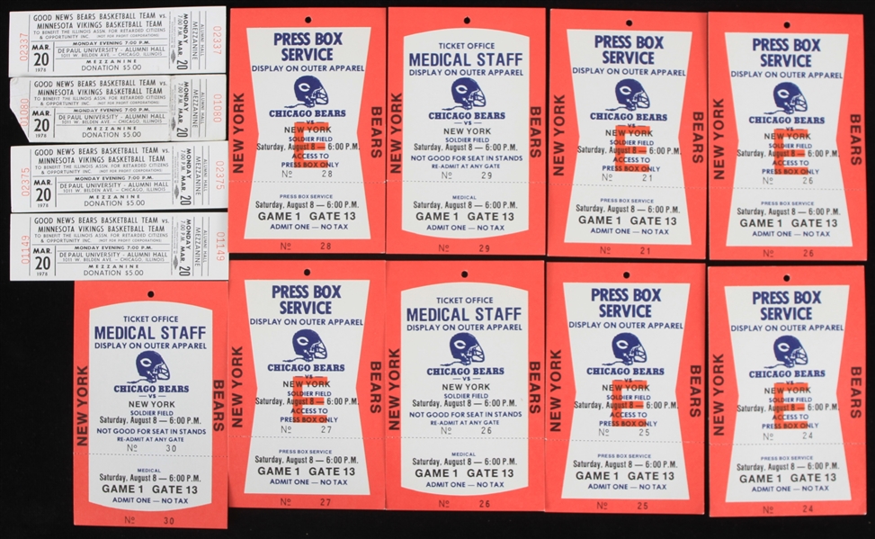 1970s Chicago Bears Press Passes and Good News Bears Full Tickets (Lot of 13)