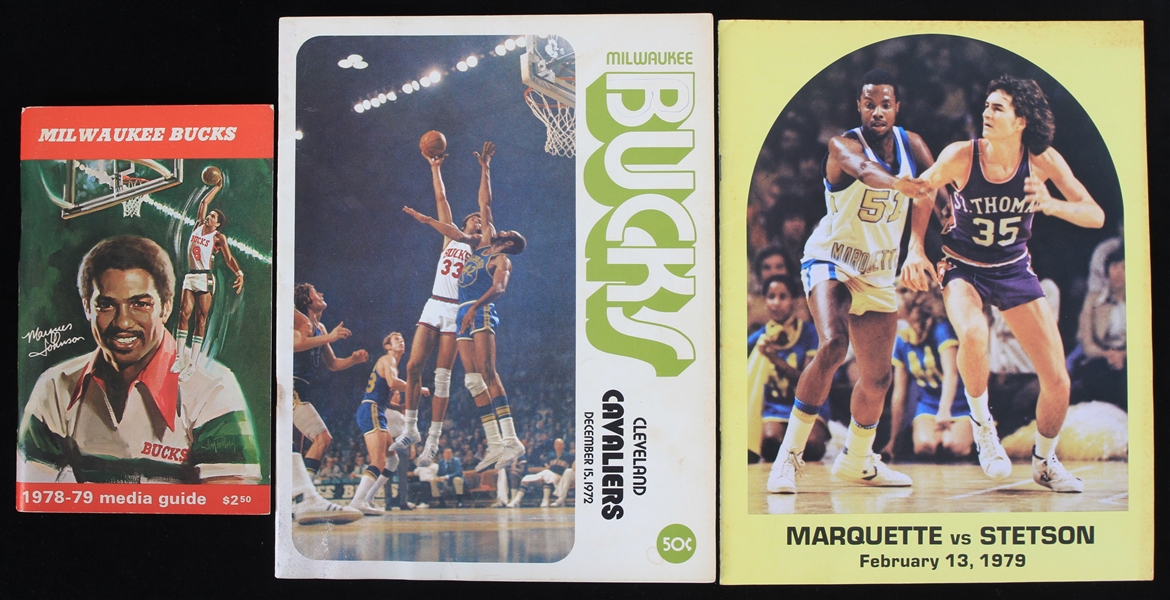 1972-1979 Milwaukee Bucks and Marquette Warriors Game Programs and Media Guide (Lot of 3)