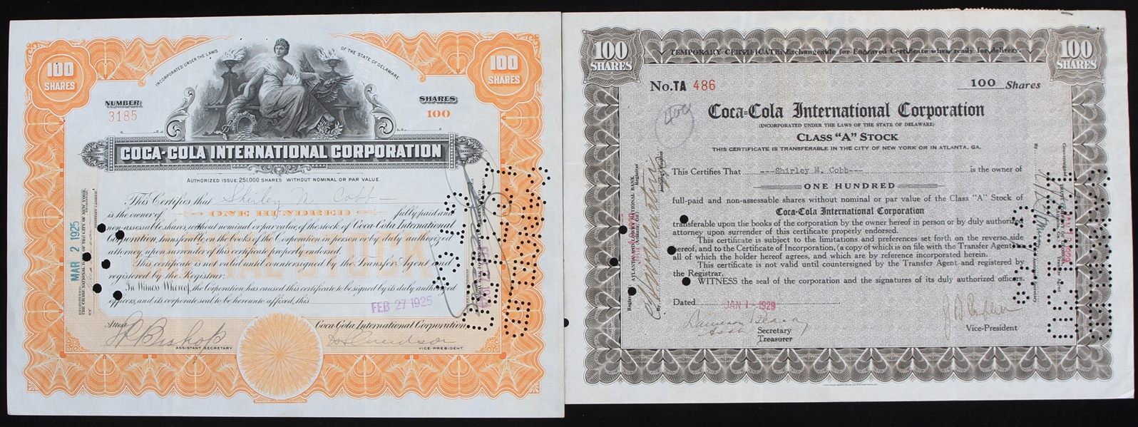 1925-29 Coca Cola Stock Certificates (Lot of 2)