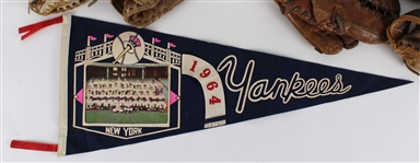 1950's-2000's Baseball Football Memorabilia Collection - Lot of 16 w/ Jackie Robinson Little League Decal Bat, Ted Williams Endorsed Store Model Baseball Mitts, 1964 Yankees Team Photo Pennant & More