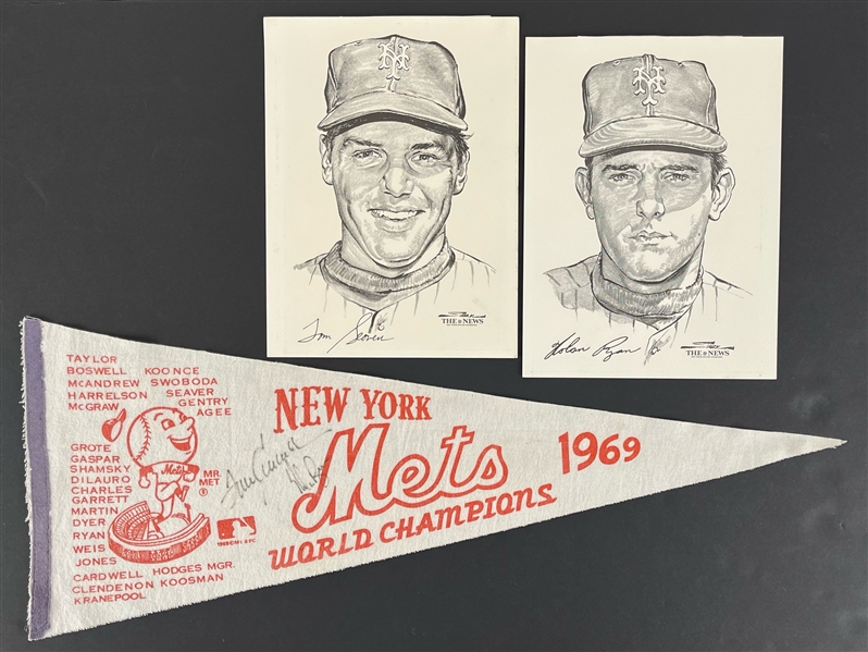 1969 Nolan Ryan & Tom Seaver NY Mets Signed Pennant w/ Sporting News Stark Prints (JSA)