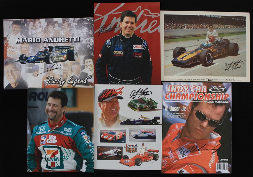 1970s-2000s Auto Racing Signed Photos & Magazine - Lot of 6 w/ Al Unser, Mario Andretti, AJ Foyt & More 