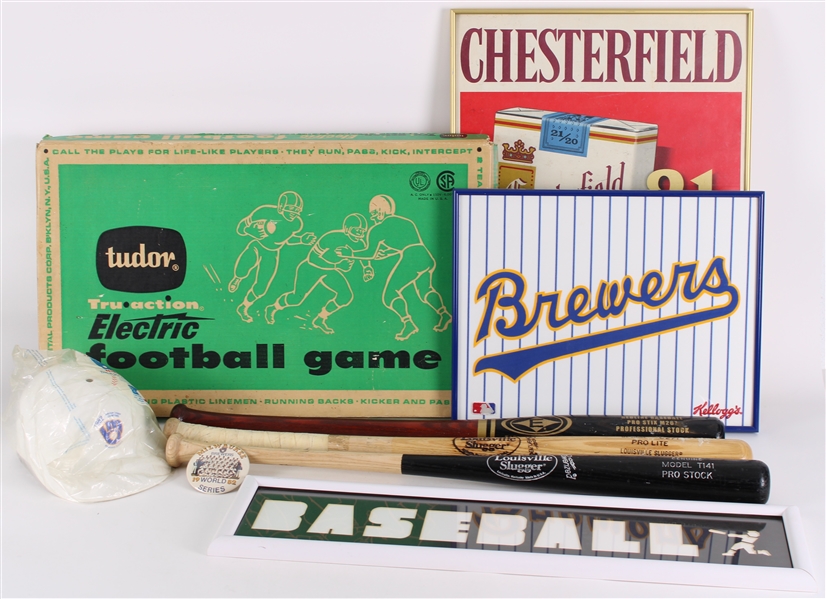 1950s-2000s Baseball Football Americana Memorabilia Collection - Lot of 9 w/ 1982 Brewers, Tudor TruAction Electric Football Game, Framed Chesterfield Advertisement & More