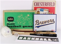 1950s-2000s Baseball Football Americana Memorabilia Collection - Lot of 9 w/ 1982 Brewers, Tudor TruAction Electric Football Game, Framed Chesterfield Advertisement & More