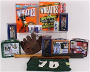 1930s-2000s Baseball Football Basketball Hockey Memorabilia Collection - Lot of 16 w/ MIB Bobbleheads, Upper Deck Lunch Boxes, Wheaties Boxes & More