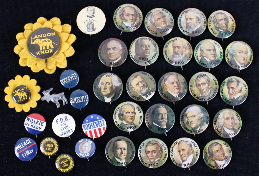 1890s-1960s Presidential & Political Pinback Buttons - Lot of 35 w/ RKO Presidents & More