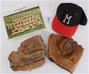 1950s-60s Milwaukee Braves Memorabilia Collection - Lot of 5 w/ Player Endorsed Store Model Mitts, Team Photo, Pinback & Cap