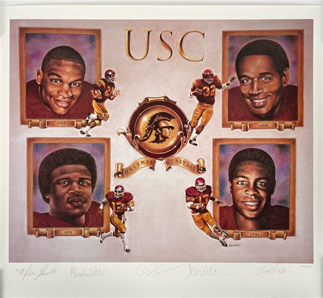 1980s USC Trojans Multi Signed 27" x 31" Heisman Winners Lithograph w/ OJ Simpson, Marcus Allen, Charles White & Mike Garrett (JSA)