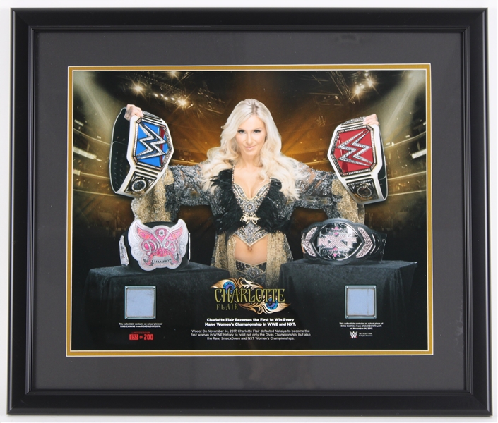 2017 Charlotte Flair WWE/NXT Womens Champion Wrestler 22" x 26" Framed Display w/ Roadblock & Smackdown Live Ring Canvas Swatches