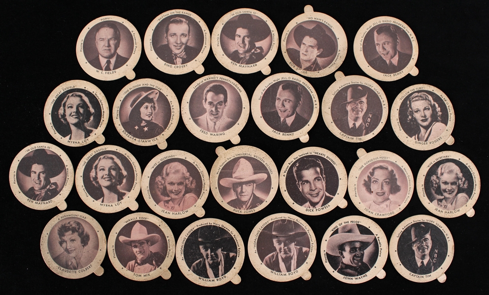 1940s Ken Maynard Joan Crawford Dick Powell and More Dixies Dainty Cups 2" Photo Lids. (Lot of 24)