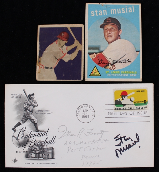 1949-1969 Stan Musial St. Louis Cardinals Trading Cards and Centennial of Baseball Envelope (Lot of 3)