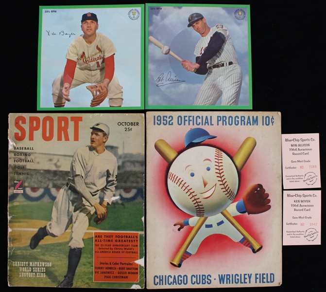 1949-1964 Sport Magazine Official Program and Auravision 33 1/3 RPMs (Lot of 4)
