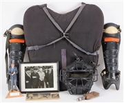 1960s Arthur Hall Baseball Hall of Fame Game Worn Umpire Equipment - Lot of 5 w/ Shin Guards, Chest Protector, Home Plate Brush, Mask & Photo