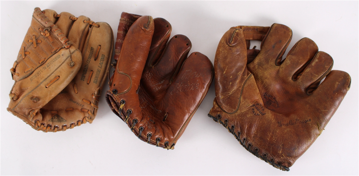 1950s Ted Williams Joe DiMaggio Vince DiMaggio Player Endorsed Store Model Baseball Mitts - Lot of 3