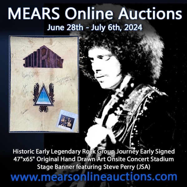  1973-77 circa Historic Early Legendary Journey Autographed 47" x 65" Original Hand Drawn Onsite Concert Stadium Banner & Next Record Album (JSA)