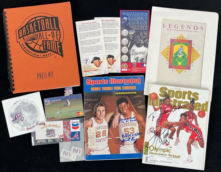 1970s-2000s Baseball Basketball Memorabilia Collection - Lot of 13 w/ Hank Aaron 715th HR 25th Anniversary Items & More