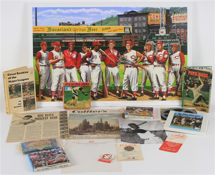 1950s-2000s Cincinnati Reds Memorabilia Collection - Lot of 14 w/ Pete Rose Items, All Star Game and World Series Film Reels, Redleg Wrecking Crew Lithograph & More