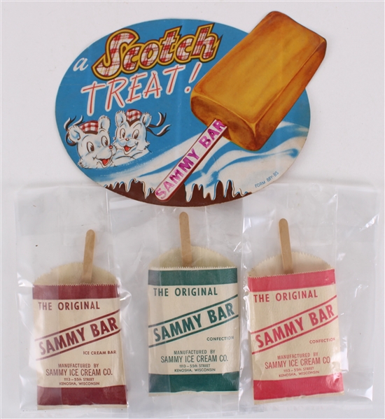 1960s Sammy Bar Ice Cream Treats Memorabilia Collection - Lot of 4 w/ Advertising Display & Three Original Wrappers