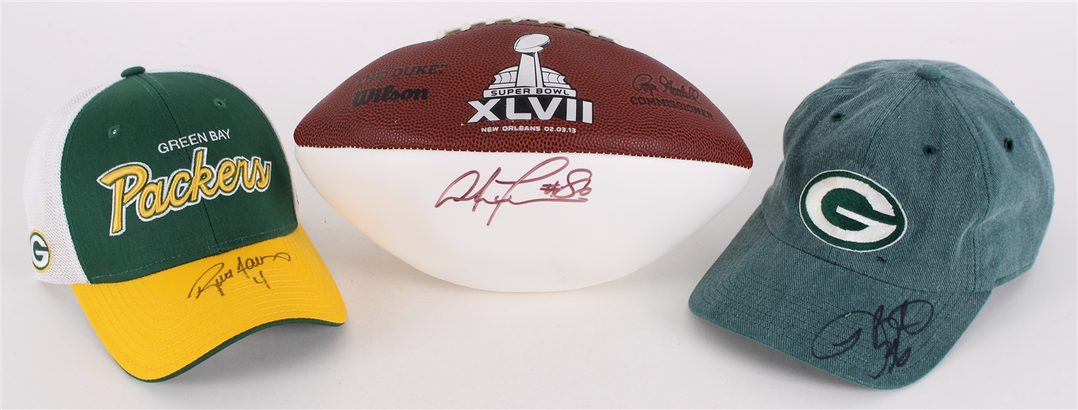 2010s Brett Favre LeRoy Butler Donald Lee Green Bay Packers Signed Caps & Football - Lot of 3 (JSA)