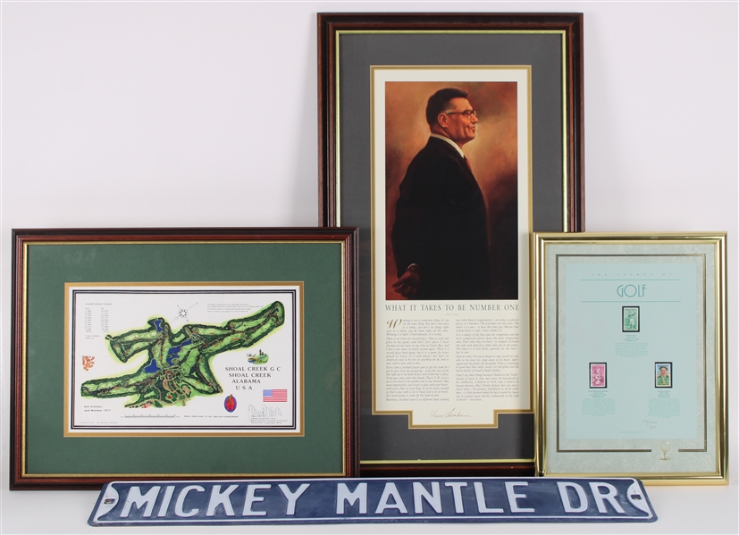 1980s-90s Mickey Mantle Vince Lombardi Golf Framed Displays & Oversize Metal Street Sign Collection - Lot of 4