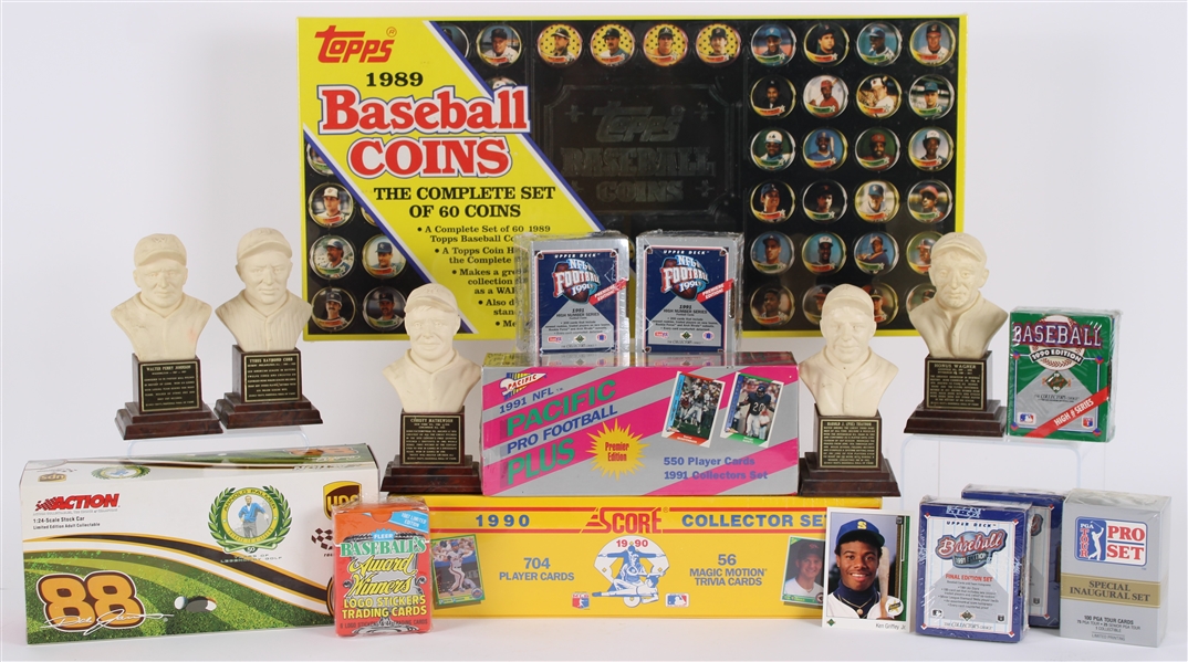 1960s-2000s Baseball Football Golf Trading Cards & MLB HOF 6.5" Bust Collection - Lot of 17 w/ Ken Griffey Jr. Upper Deck Rookie, Sealed Factory Sets & More