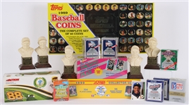 1960s-2000s Baseball Football Golf Trading Cards & MLB HOF 6.5" Bust Collection - Lot of 17 w/ Ken Griffey Jr. Upper Deck Rookie, Sealed Factory Sets & More