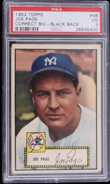 1952 Joe Page New York Yankees Topps #48 Correct Bio-Black Back (VG-3 Slabbed)