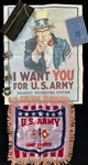 1940's-70's US Military Memorabilia Collection - Lot of 9 w/ I Want You Uncle Sam Poster, Pennant, Patch, Buckles, & More