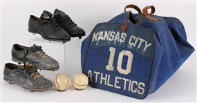 1954-60 Al Pilarcik Kansas City Athletics / Baltimore Orioles / Korean War Army Game Used Collection - Lot of 5 w/ Equipment Bag, Cleats & Baseballs (MEARS LOA)