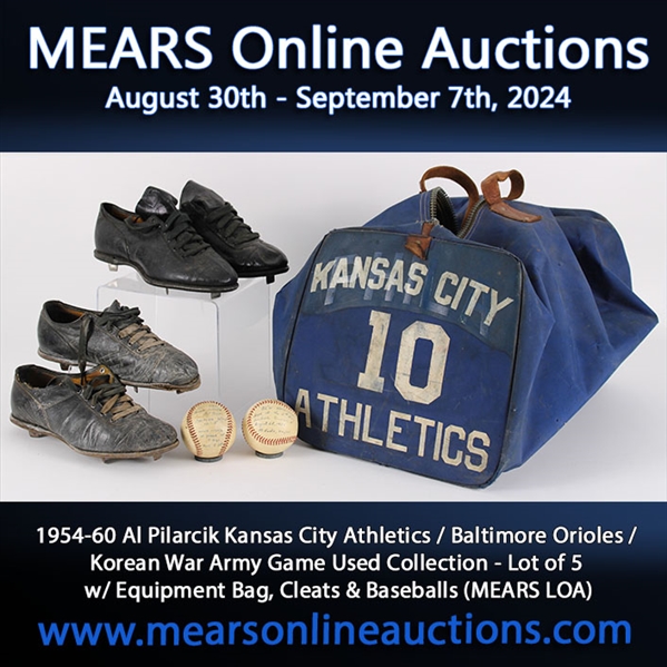 1954-60 Al Pilarcik Kansas City Athletics / Baltimore Orioles / Korean War Army Game Used Collection - Lot of 5 w/ Equipment Bag, Cleats & Baseballs (MEARS LOA)