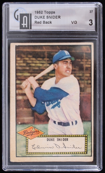1952 Duke Snider Brooklyn Dodgers Topps #37 Red Back Baseball Trading Card (GA Slabbed VG 3)
