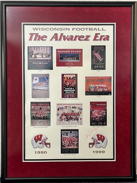 1990s Wisconsin Badgers Football Memorabilia Collection - Lot of 5 w/ Full Size Pennants, Rose Bowl Wind Sock & 36" x 48" Framed The Alvarez Era Signed Display (JSA)