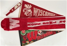 1990's Wisconsin Badgers Football Memorabilia Collection - Lot of 5 w/ Full Size Pennants, Rose Bowl Wind Sock & 36 x 48 Framed The Alvarez Era Signed Display (JSA)