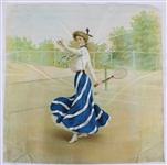 1940s-50s Vintage Tennis Illustration on 23" x 23" Cloth