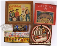 1940s Americana Toy Collection - Lot of 17 w/ Circus Set, Painted Native American Figures by Crescent Toys, 13" x 16" Framed The San Antonio Kid Lobby Card & More