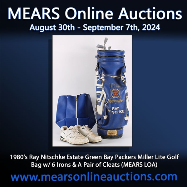 1980s Ray Nitschke Estate Green Bay Packers Miller Lite Golf Bag w/ 6 Irons & A Pair of Cleats (MEARS LOA)