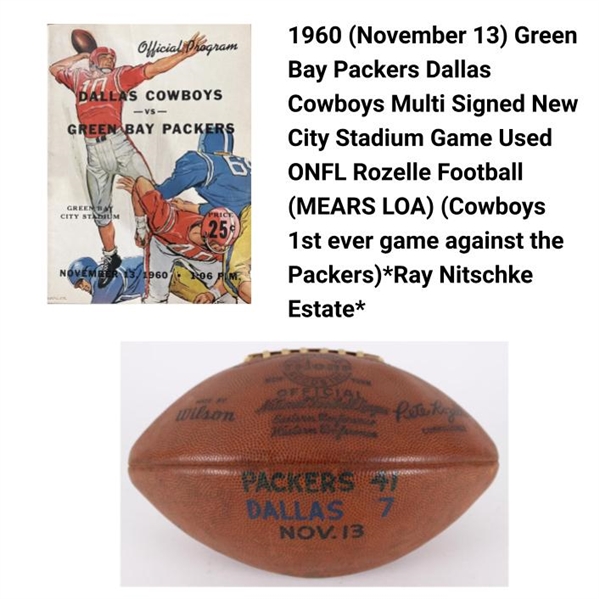 1960 (November 13) Green Bay Packers Dallas Cowboys Multi Signed New City Stadium Game Used ONFL Rozelle Football (MEARS LOA) (Cowboys 1st ever game against the Packers)*Ray Nitschke Estate*