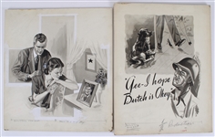 1940s WWII Schuster Original Pen & Ink 13x22 Sketches (Lot of 5)