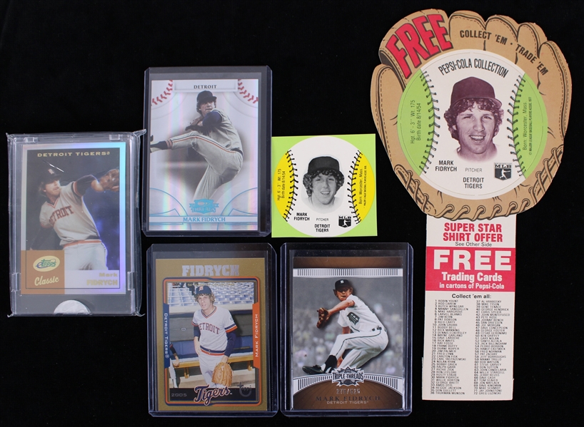 1977-2000s Mark Fidrych Detroit Tigers Baseball Trading Cards - Lot of 6 w/ Pepsi Glove Disc & Insert Cards