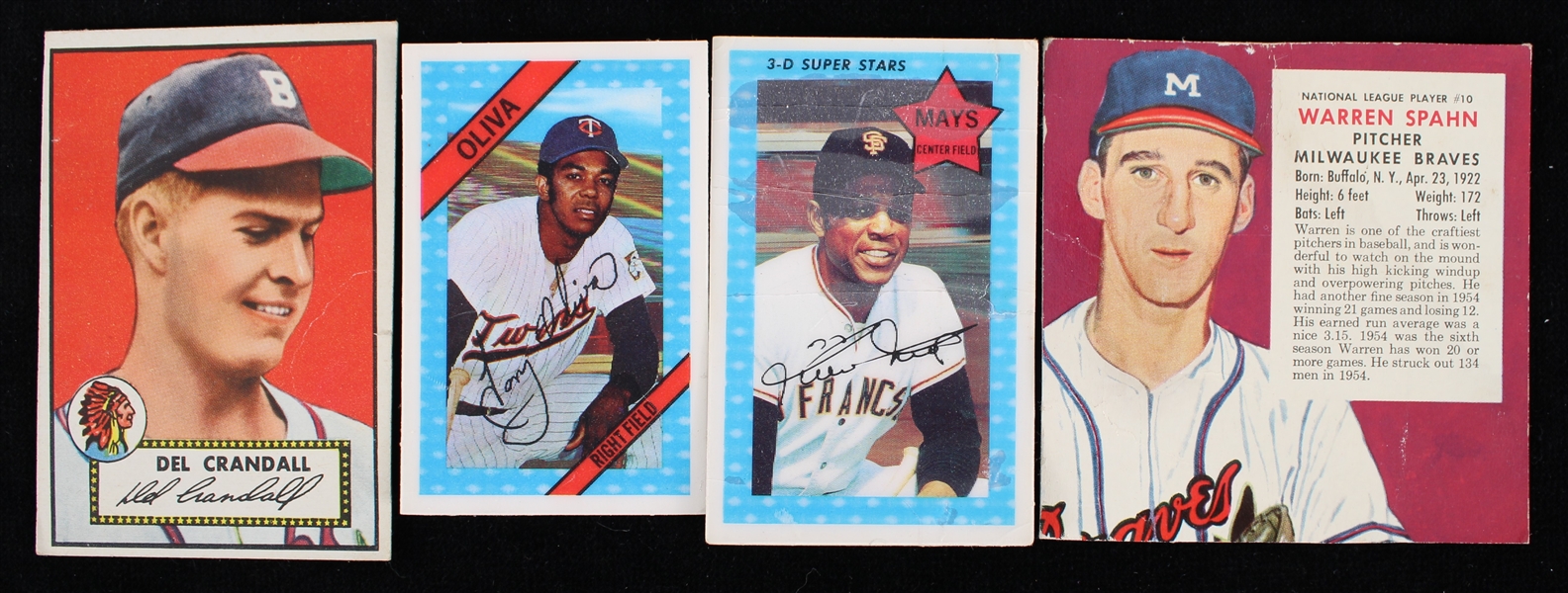 1952-72 Baseball Trading Cards - Lot of 4 w/ Del Crandall, Warren Spahn, Willie Mays & Tony Oliva
