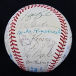 1985-94 Hall of Famers & Stars Multi Signed OAL Brown Baseball w/ 27 Signatures Including Curt Flood, Lou Brock, Mickey Lolich, Wilbur Wood & More (JSA) **361**