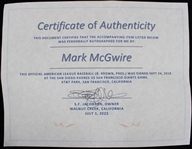 1986-89 Mark McGwire Oakland Athletics Signed OAL Brown Baseball **SF Jacobson COA / 204**