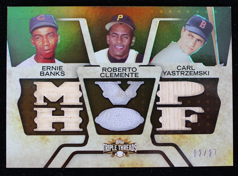 2008 Roberto Clemente Carl Yastrzemski Ernie Banks MVP HOF Topps Triple Threads Game Used Relic Baseball Trading Card (02/27)