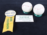 1955-56 Milwaukee County Stadium Global World Series Radio Television Pinback Ribbon & Newsman Badge + Ceramic Baseball Salt & Pepper Shakers