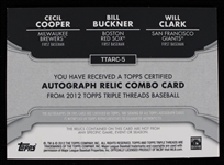 2012 Cecil Cooper Bill Buckner and Will Clark Autographed Triple Relic Topps Trading Card TTARC-5 24/36