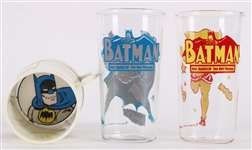 1966 Batman With Robin Boy Wonder Drinkware Collection - Lot of 3 w/ 2 Glasses & 1 Mug