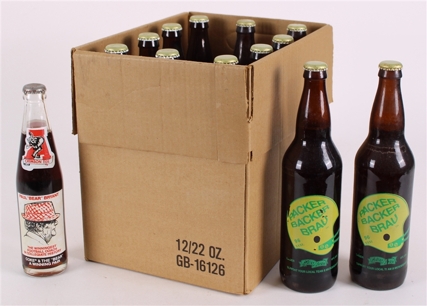 1970s-90s Green Bay Packers Adler Brau Beer Bottles w/ Paul "Bear" Bryant Coke Bottle (Lot of 13)