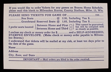 1953 Milwaukee Braves Milwaukee County Stadium Home Game Ticket Order Form