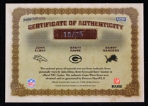 2006 John Elway Brett Favre Barry Sanders Playoff National Treasures Material Issue Football Relic Card